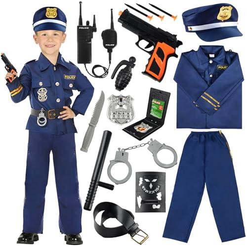 Costume Poliziotto Bambino, Polizia Costume Bambini con Polizia Camicia Pantaloni,Manette Polizia,Cappello Polizia,Distintivo Polizia,Walkie-Talkie Giocattolo Police Costume Halloween Carnevale