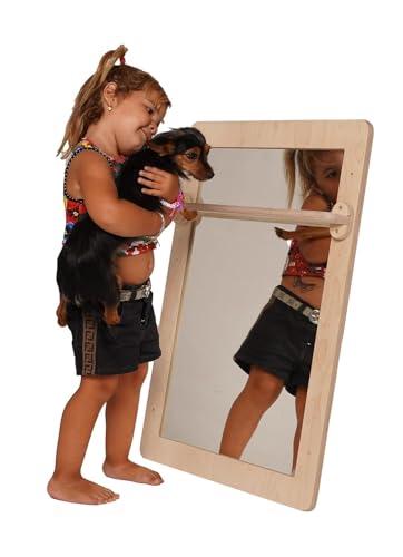 Specchio con Asta di Supporto Montessori (H80xL60CM, Legno Naturale)
