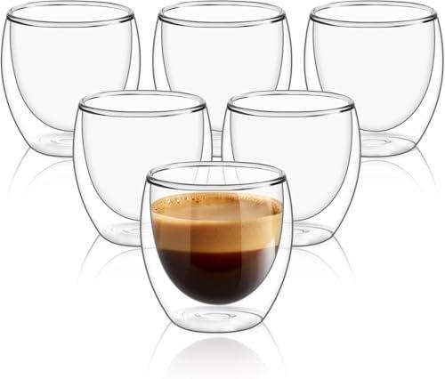 Tazzine Caffe Vetro, 6 Pezzi Tazza Doppio Vetro 80ml Set, Lavabili Trasparenti Bicchieri per Cappuccino Strato Latte tè Macchiato Whiskey Tè Caffè