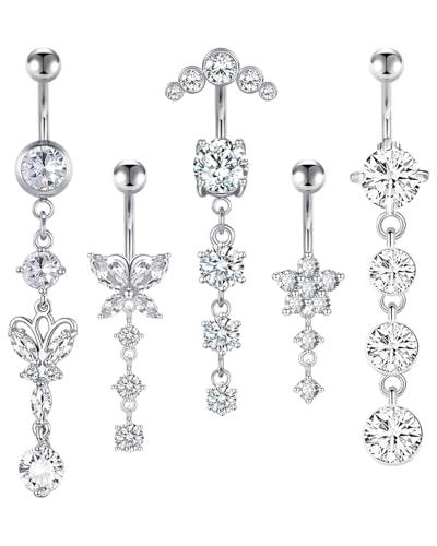 HUVZOR 5 pezzi Piercing Ombelico Pendente Acciaio Inox Piercing Ombelico Pendenti Argent Navel piercing Lungo Farfalla Gioielli Diamante per Donne