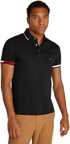 Tommy Hilfiger Uomo Maglietta Polo Maniche Corte Flag Cuff Slim Fit, Nero (Black), L