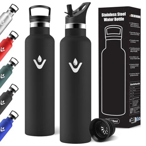 Motswedi Borraccia Termica 1 litro, Con 2 Tappi, Borraccia con Cannuccia, Doppia Parete, Bottiglia Termica, A Prova di Perdite, Bottiglia acqua Per Sport, Campeggio, Palestra, Nero