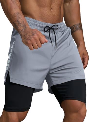 Smarstyle Pantaloncini da Corsa Uomo Corti 2in1 Pantaloncini Running Uomo Pantaloncini Sportivi ad Asciugatura Rapida con Tasche da Allenamento Traspiranti (IT, Testo, M, Regular, Regular, Grigio)