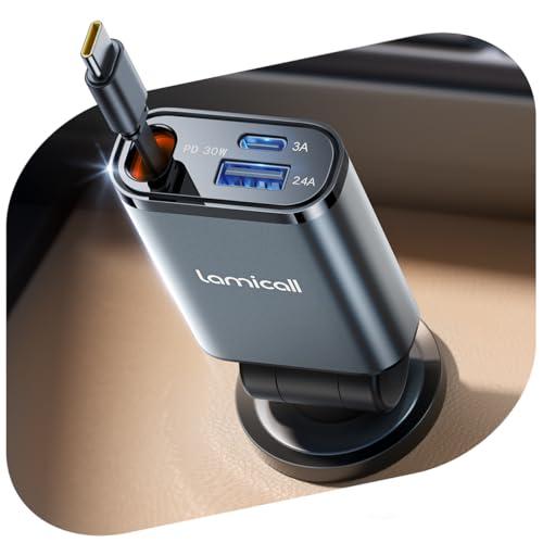 Lamicall 3-IN-1 Caricatore Auto USB C - [Super Compatto] 50W Carica Rapida, Accendisigari Auto con 75CM Cavo Retrattile Type-C & Porta USB-C/A, 180° Pieghevole Spina 12/24V, per iPhone/Samsung/Android
