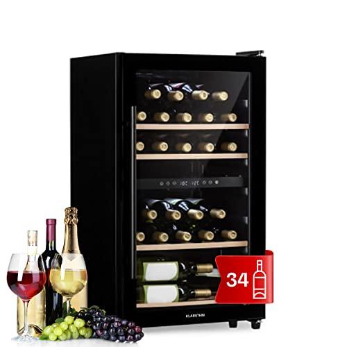 KLARSTEIN Cantinetta Vino, Cantinetta Vino Refrigerata a Zona Doppia per Interno/Esterni, Frigo Bar, Cantina Vino con Vetrina, Mini Bar con Protezione UV, Frigo Vino Touch, 5-18°C, 34 Bottiglie
