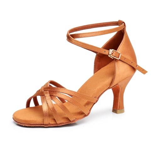 QUNUNOIRE-Scarpe da Ballo Latino Americano/Salsa Ballo/da Sala per Donna in Raso 5cm/7cm Marrone Stile2 38EU