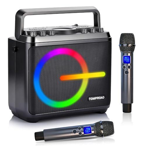 Macchina per karaoke, altoparlante Bluetooth con 2 microfoni wireless, sistema PA portatile per adulti e bambini con luci LED, regolazione dei bassi/acuti, scheda TF/USB, REC per feste a casa(nero)