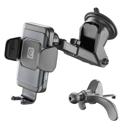 cellularline Hug Air 15 Supporto Smartphone da Auto Carica Wireless Qi,Apertura e Chiusura Automatica,Doppio Attacco Ventosa per Cruscotto e Gancio per Alette Aerazione,Output 10W, Nero, Universale