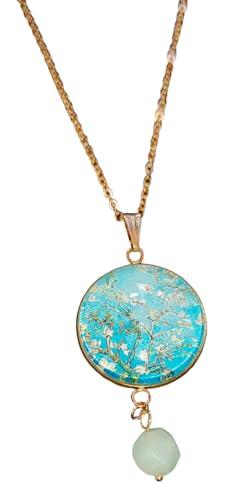 Collana Dipinti Cabochon Con Pietre Naturali, Idea Originale per Regalo Natale, Fatto a Mano, Gioielli Donna (Amazzonite Ramo Fiorito)