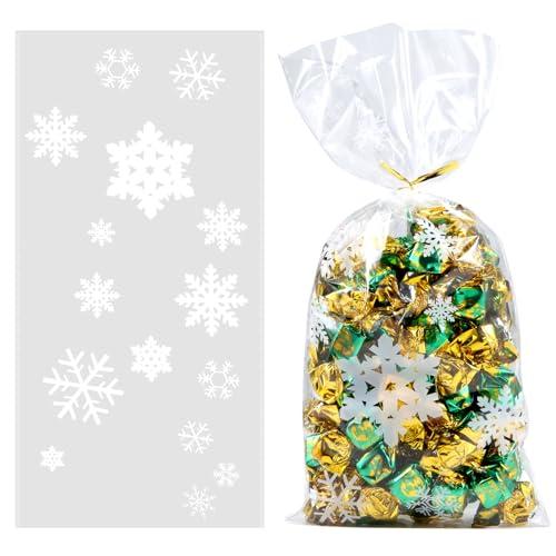 ihaspoko 100 Pezzi Sacchetti Regalo di Natale Fiocco di Neve Bianco, Trasparenti Sacchetti di Plastica con 200 Pezzi Laccetti Twist per Caramelle Biscotti Dolci