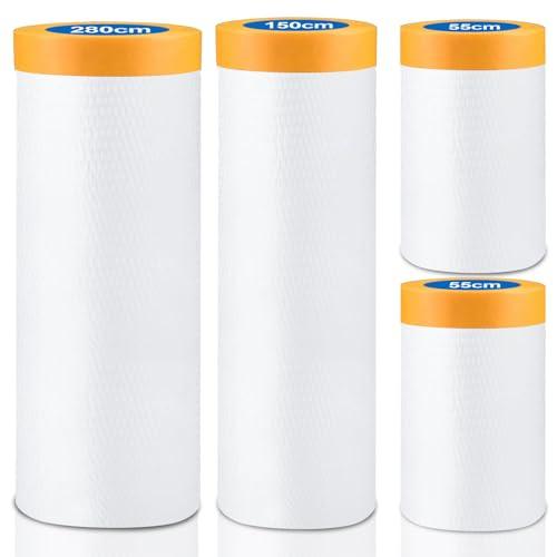 Haizibo 80m-4 Rotoli Teli Copritutto per Imbianchino,Telo Plastica Copritutto con Nastro Carta,3 Taglie Plastica Telo di Copertura con Biadesivo,280CMx20M,150CMx20M,55CMx20M