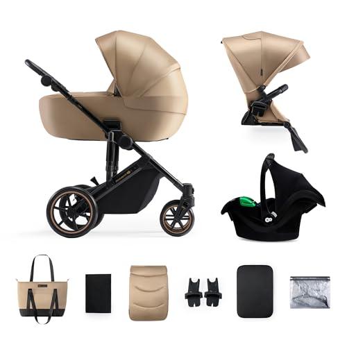 Kinderkraft PRIME 2 Passeggino 3 in 1 con Seggiolino Auto MINK PRO I-SIZE, Dalla nascita fino 25 kg, Navicella spaziosa, Impermeabile con filtro UPF50+, Ruote e telaio ammortizzati, Beige