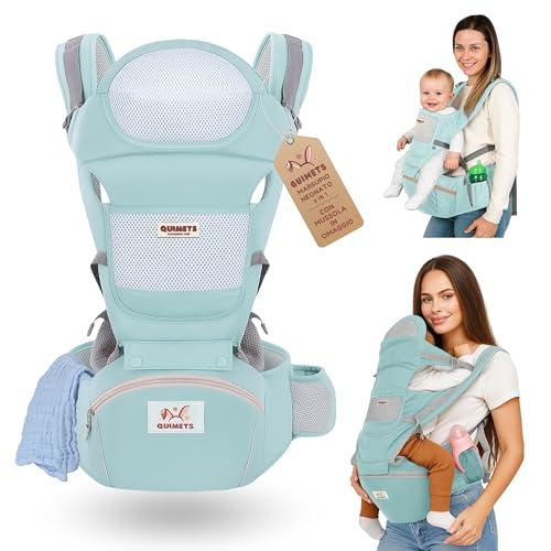 QUIMETS | Marsupio neonato 0-36 mesi ergonomico 6 in 1 – Zaino porta bambino regolabile con seduta removibile, supporto lombare, tessuto traspirante e mussola in omaggio