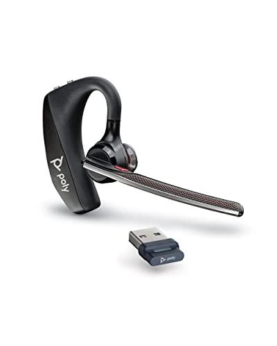 Poly Voyager 5200, Auricolare Senza Filo, Connessione Bluetooth 5.0 e USB-A, Comandi sul Dispositivo, Imbottitura in Similpelle, Autonomia 7 Ore, Base di Ricarica, Compatibile con Windows e mac, Nero