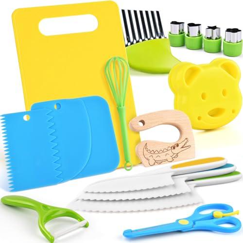 Set di Coltello da Cucina per Bambini per la vera cucina- 17 pezzi Coltelli di sicurezza per bambini per tagliare e cuocere frutta o verdura | Utensili Cucina Montessori, Reale Set Cucina per bambini