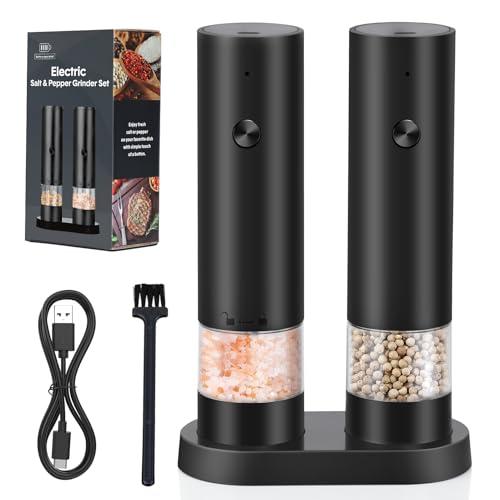 iWarmbase Macina Sale e Pepe Elettrico di 2 Pezzi -Ricaricabile USB Macina Pepe Elettrico con Base-Macinino Spezie a Grana Regolabile, Contenitore Lavabile per Cucina/Picnic/Grigliate