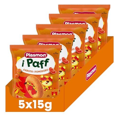 Plasmon Snack i Paff Carote e Pomodoro 15gr 5 Confezioni Snack non fritti e senza sale aggiunto, perfetti per le manine del tuo bambino