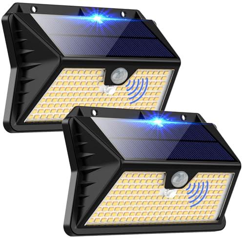 Luce Solare LED Esterno, Faretto LED da Esterno con Sensore di Movimento 185 LED 3 Modos Lampada Solare da Esterno, IP65 Impermeabile LED Lampione per Giardino (Bianco caldo) (2 Pezzi Bianco Caldo)