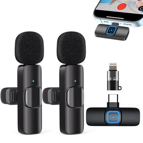 Microfono Wireless per iPhone/Androide, Plug and Play Microfoni Wireless Professionali Riduzione del Rumore per per YouTube, TikTok, Vlog, Podcast, Conferenze, Registrazione Video e Live Streaming