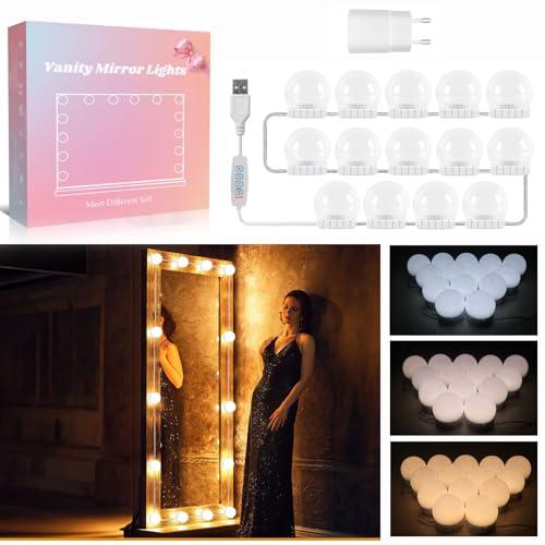 Akynite Luci da Specchio Hollywood 14 Lampadine con Adattatore, Cavo USB Regolabile, 3 Colori e 10 Intensità, Luci Make Up da Specchio Trucco Adesive, Kit Luci LED Specchio Camera da Letto