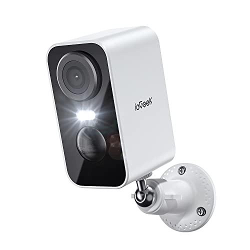 ieGeek 2K Telecamera Wi-Fi Esterno/Interno Senza Fili Batteria, Faro e Allarme Integrato, Visione Notturna a Colori, Rilevamento Movimento PIR, 2 Vie Audio, SD/Cloud Archiviazione, 2,4GHz WiFi, IP65