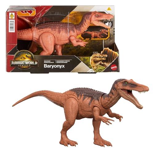 Mattel Jurassic World La Rinascita Baryonyx Ruggito Selvaggio, dinosauro giocattolo con attacco multidirezionale azionato con la coda e suoni, snodato, gioco digitale, JGC79