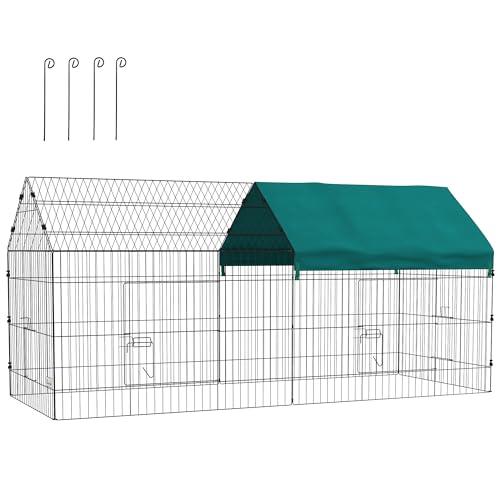 PawHut Gabbia per Conigli da Esterno e Interno con Tettuccio, Casetta Recinto per Animali Piccoli, 220x85x103cm, Verde