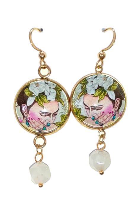 Orecchini Dipinti Pendenti Cabochon, Idea Originale per Regalo Natale,Fatto a Mano, Gioielli Donna Sicilia con Perline Naturali(Quarzo Rosa Frida)