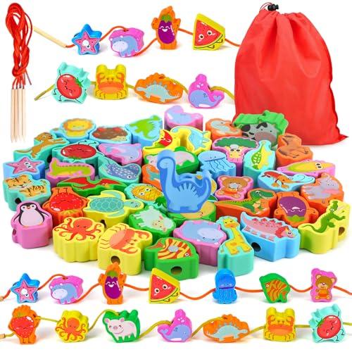 Ophy 48 Pezzi Giochi Montessori 6 Temi per Bambini - 2 in 1 Giocattoli Educativi Giocattoli Bambini 2 Anni | Perline di Legno Giocattoli Compleanno Bambino 3+ Anni Giochi da Infilare