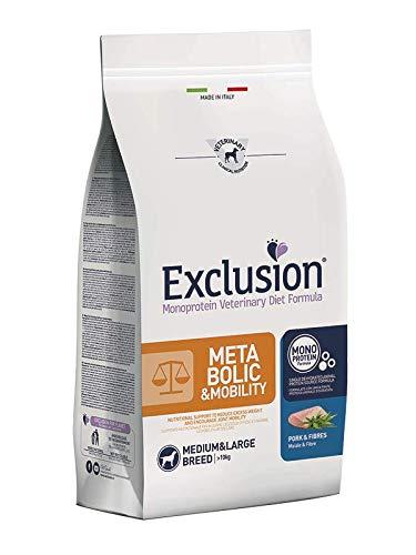 Exclusion Metabolic & Mobility con Maiale e Fibre per Cani Medium e Large. Alimento completo dietetico con formulazione monoproteica animale per ridurre il peso corporeo. 12 Kg