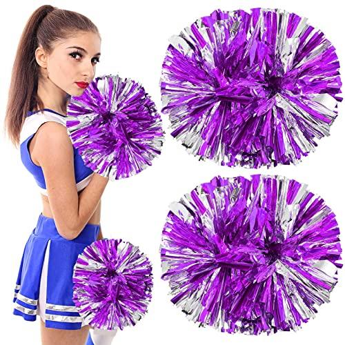 Colexy Pom Poms Cheerleader, 2 Pezzi Metallico Cheerleading Pompons Pallina di Fiori, Aerobica Cheerleading Pom Poms Pompon, per Sport Danza Allegria Pompon di Plastica (Viola+Argento)