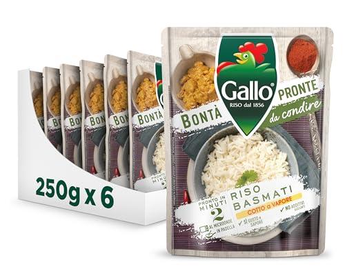 Riso Gallo Bontà Pronte Riso Basmati 6 x 250gr, Cotto a Vapore da Condire, Pronto in 2 Minuti al Microonde, in Padella, No Additivi aggiunti, Ottimo per Contorni e Insalate