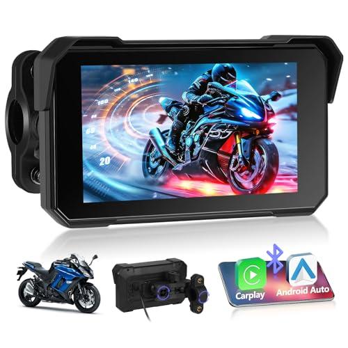 Motorsi Navigatore per moto con A-pple CarPlay e Android Auto Wireless, Impermeabile IP68, Touchscreen HD da 5 Pollici Autoradio Portatile, Navigazione GPS, Bluetooth 5.0, Radio FM