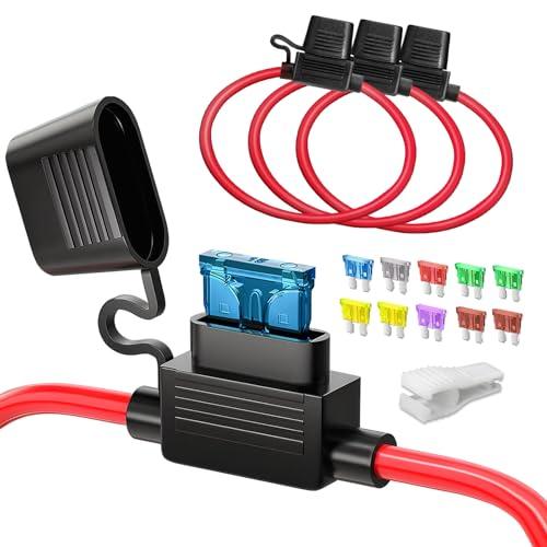 JOREST 3pcs 12AWG Portafusibili In-linea standard, Portafusibili automobilistico a lama ATC/ATO per auto/camion/moto + 10pcs fusibili Medio (10A 15A 20A 25A 30A 35A 40A) + Estrattore fusibili+ Nastri
