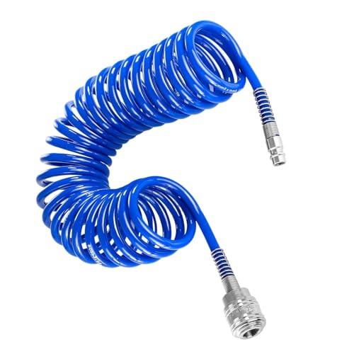 LINTRA 5 m Tubo per Compressore, PU Tubo Spiralato Aria Compressa, ø 10 mm × 6,5 mm Accessori Compressore Aria, Pressione Max 10 Bar, con Protezione Antipiega e Connettore a Sgancio Rapido