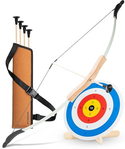 BOWRILLA® Set di frecce e arco per bambini con 4 frecce a ventosa, bersaglio in legno e faretra | Tiro con l'arco per bambini per giochi interni ed esterni a partire dai 5 anni | Per destrorsi e