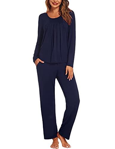 Ekouaer Pigiami Donna Cotone Manica Lunga Pigiama Invernale Due Pezzi Abbigliamento da Notte Tasche con Coulisse, Blu Navy, M