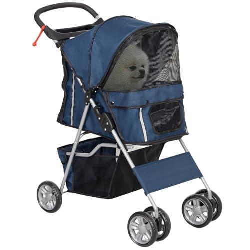 PawHut Passeggino per Cani Fino a 10 kg, Carrello Pieghevole per Animali Domestici Carrello Carrozzina, 75x45x97 cm, Blu Scuro