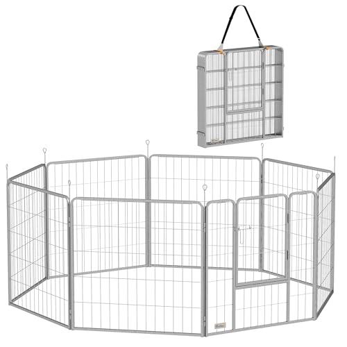 PawHut Recinto per Cani a 8 Pannelli Modulabili con Cinturino, Box per Cani Taglia Piccola e Media Pieghevole con Porta in Acciaio, Altezza 80 cm, Argento