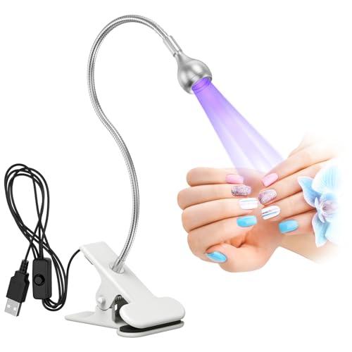 AISEELY Lampada UV per Unghie, Mini Lampada UV LED Unghie Professionale, 3W Lampada Unghie per Gel con Clip, 360° Testa Regolabile, Alimentazione USB Adatto per Manicure Accessori per Unghie Argento