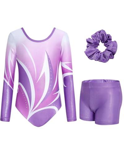 JiAmy Body da ginnastica per ragazze con pantaloncini, a maniche lunghe, per bambini, 3-12 anni, Set Geometria Viola, 11-12 Years