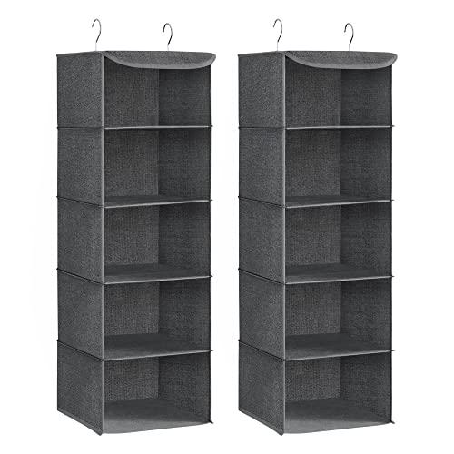 SONGMICS Organizer per armadio/guardaroba, set di 2, borsa sospesa per armadio/guardaroba, pieghevole, salvaspazio con ganci metallici, rinforzo in bambù, motivo lino, grigio RCH005G02