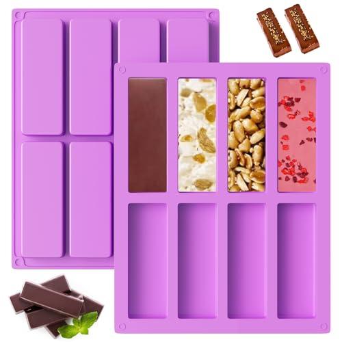 Rseuphiee 2 Pezzi Stampo Rettangolare in Silicone, Antiaderente Stampi di Cereali Rettangolari, Stampo Barrette in Silicone 8 Cavità, per Torrone, Cioccolato, Cubetti Ghiaccio, Torte, Viola