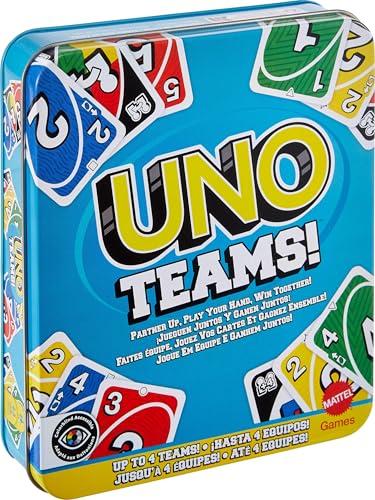 Mattel Games - UNO Teams confezione in metallo, versione a squadre da due dell'iconico gioco, regole speciali e nuove carte Squadra Jolly, fino a 4 squadre, giocattolo per bambini, 7+ anni, JDM40