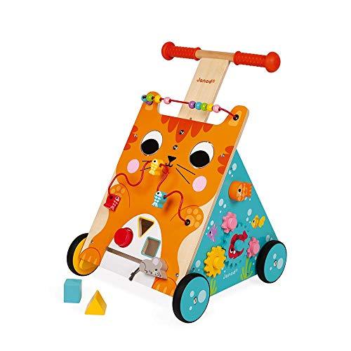 Janod - Carrello Multi-Attività Gatto in Legno - Spingitore Evolutivo con Freno e Maniglia Regolabile - Apprendimento della Camminata - A Partire dall'anno, J08005, Multicolore