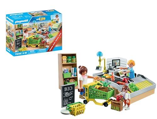PLAYMOBIL MyLife Promo Pack 71648 Supermercato bio, con Cassa con Nastro trasportatore, Carrello della Spesa e Tre Personaggi, Giocattolo per Bambini dai 4 Anni in su