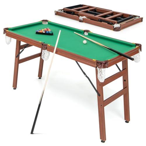 COSTWAY Set Tavolo da Biliardo Pieghevole, Tavolo da Gioco Biliardo Portatile con Livellatori Regolabili per Piedi, 2 Stecche 2 Gessi 16 Palline Spazzola, per Giochi in Famiglia Bar, 138x67x79,5 cm