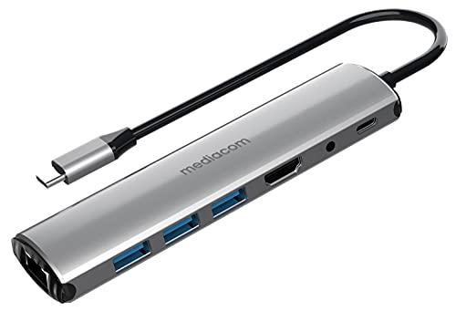 MEDIACOM Adattatore USB-C Type C a HDMI+3 USB 3.0+LAN Gigabit+Audio+Power in Alluminio