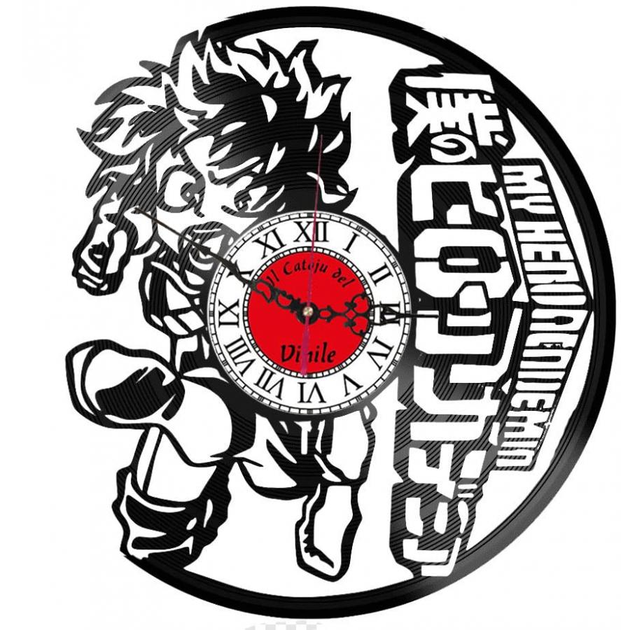 Orologio da Parete in Vinile anime, idea regalo per gli amanti dell'anime my hero academia, midoriya (Logo Rosso, Barocco Nero)
