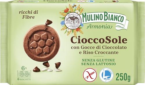 Mulino Bianco Biscotti Frollini Senza Glutine al Cioccolato e Riso con Gocce di Cioccolato, Ideali per Colazione o Snack, Senza Olio di Palma, Confezione da 250 g con 6 Monoporzioni da 6 Biscotti